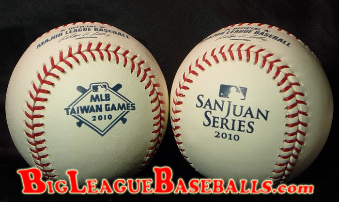 2010 Rawlings MLB Commemorative Baseballs Official Game Balls 2010 Major League Baseball San Juan Series and MLB Taiwan Games. BigLeagueBaseballs BigLeagueBaseballs.com watermark.