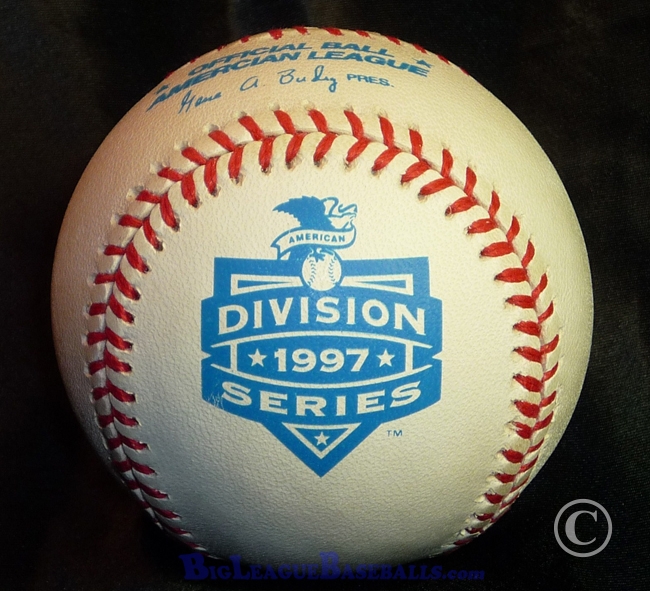 An official game ball made by Rawlings for Major League Baseball's 1997 ALDS American League Division Series Baseball. This is a misprint, with the league panel text showing "Americian League". This ball was canceled and replaced with a corrected spelling version. This image belongs to OfficialGameBalls.com Big League Baseballs and Big League Authentics. MLB Misprints special event commemorative logoballs game baseballs.