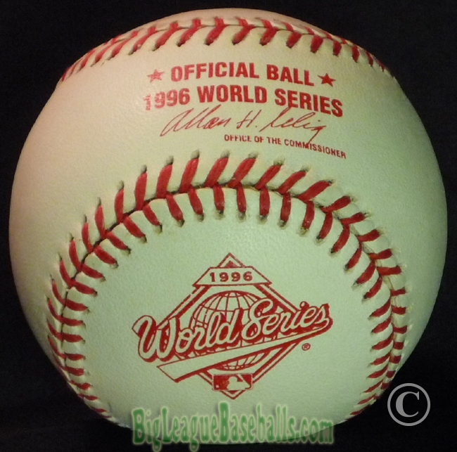 Official Game Ball MLB 1996 Rawlings World Series Baseball then interim commission Allan Bud Selig Signature-Stamped Version very rare but potentially used in the series along with the no-commissioner version. National League champion Atlanta Braves and the American League champion New York Yankees.