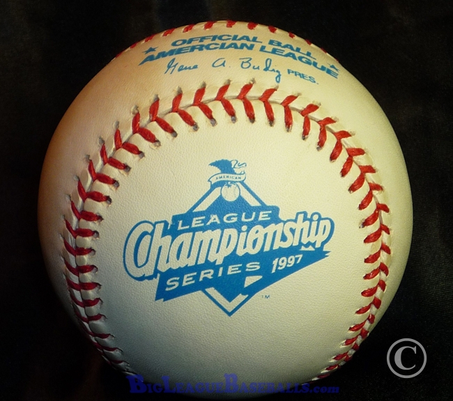 An official Major League Baseball game ball. The 1997 Rawlings ALCS American League Championship Series Baseball with misprinted text, reading "Amercian League". This image belongs to OfficialGameBalls.com Big League Baseballs and Big League Authentics. MLB Misprints special event commemorative logoballs game baseballs.