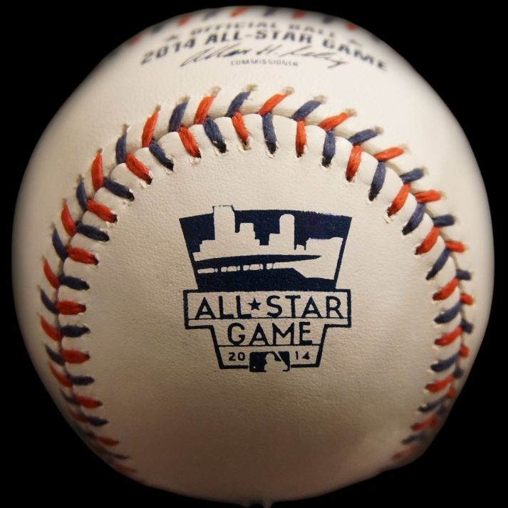 MLB Prototype 2014 Rawlings All-Star Game Baseball Minnesota Prototype Navy Blue Ink Version. This image belongs to OfficialGameBalls.com Big League Baseballs and Big League Authentics. MLB ROMLB RO-A RO-N special event commemorative baseballs, logoballs on-field leather game balls. Categorized in prototypes misprints errors miscellaneous.