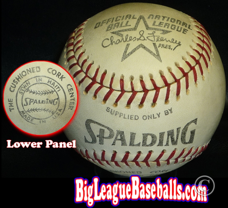 A very rare prototype baseball. An MLB 1970s Spalding National League NL president Charles "Chub" Feeney All-Star Logo Baseball "Supplied only by Spading" "cushioned cork center" and "sewn and Haiti" are all stamped on the ball. Also says Made in U.S.A.
