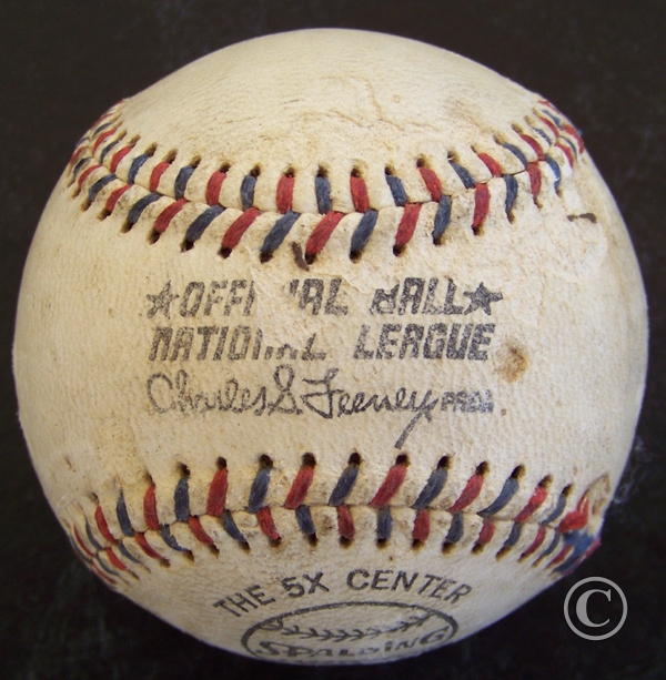 Spalding NL Official Game Ball National League 5x Center Prototype MLB RON Red-Blue Laced Baseball Wow and Cool Beans! This image belongs to OfficialGameBalls.com Big League Baseballs and Big League Authentics. MLB ROMLB RO-A RO-N special event commemorative baseballs, logoballs on-field leather game balls.