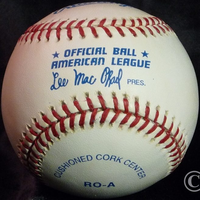 Rawlings National Pastime Collection MLB 2000-Era Ball Reproduction 1970s-80s American League AL MacPhail Official Game-Style Baseball. This image belongs to OfficialGameBalls.com Big League Baseballs and Big League Authentics. MLB ROMLB RO-A RO-N special event commemorative baseballs, logoballs on-field leather game balls. An official game ball; a Major League Baseball MLB ball.