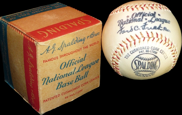Spalding National League Ford Frick Baseball with Multi-colored Laces.