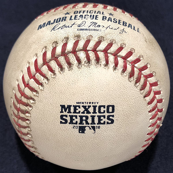 MLB Official Game Ball 2018 Rawlings MLB Mexico Series Baseball Monterrey San Diego Padres Los Angeles Dodgers Estadio de Beisbol. Major League Baseball Rawlings ROMLB Official Game Balls OfficialGameBalls.com MLB All-Star Game World Series commemorative logo ball special event baseballs logoballs on-field Rawlings Inaugural Final Anniversary Game National American League NL AL RO-N RO-A ONL OAL BigLeagueBaseballs.com Big League Baseballs. NLDS ALDS NLCS ALCS Wildcard Division Championship Series Playoff Games OMLB.