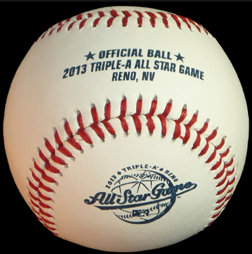 MiLB 2013 Rawlings Triple-A All-Star Game Ball Reno Aces Baseball AAA. This image belongs to OfficialGameBalls.com Big League Baseballs and Big League Authentics. MiLB Minor Leagues special event commemorative baseballs, logoballs on-field leather game balls.