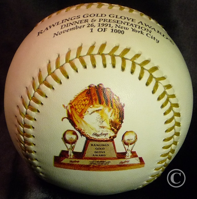 Rawlings Gold Glove Award 1991 Awards Dinner Official Leather Gold-Laced Game Baseball Commemorative Multi-Color Logo Ball Beauty. This image belongs to OfficialGameBalls.com Big League Baseballs and Big League Authentics. MLB ROMLB RO-A RO-N special event commemorative baseballs, logoballs on-field leather game balls. Categorized in Rawlings Corporate Company Promotional and Official non-Gamers.