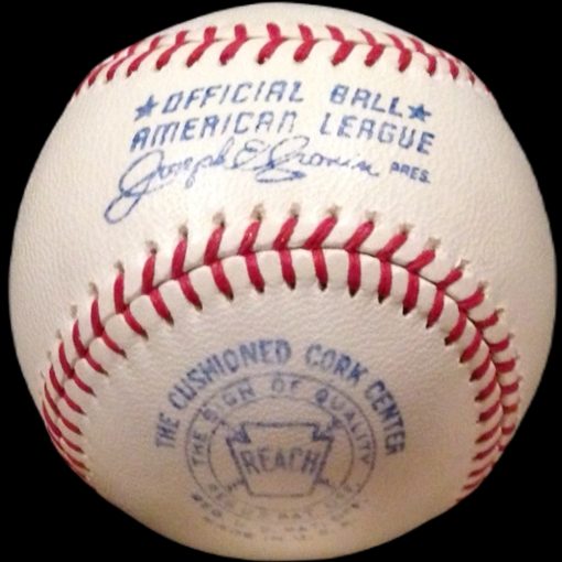 MLB Official Game Balls 1960-1969 Reach American League Blue-Stamped President Joseph Joe Cronin AL Baseball. Controversial Blue vs. Green ink stamping. This image belongs to OfficialGameBalls.com Big League Baseballs and Big League Authentics. MLB RO-A OAL baseballs, on-field leather game balls. Categorized in Major League Baseball On-field Standard League Balls, Official Gamers.