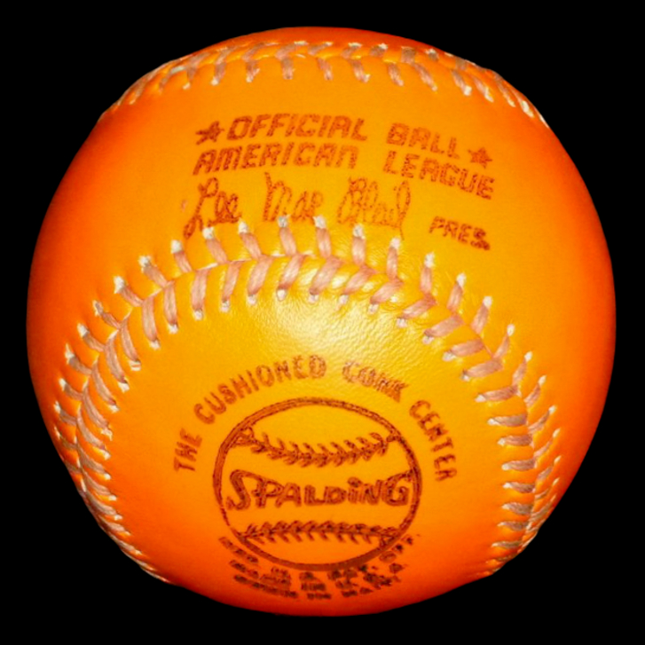 MLB Prototypes 1970s Spalding Orange-Leather MacPhail Ball Prototype or Test Baseball. Categorized in prototypes misprints errors miscellaneous. This image belongs to OfficialGameBalls.com Big League Baseballs and Big League Authentics. MLB special event commemorative baseballs, logoballs on-field leather game balls.