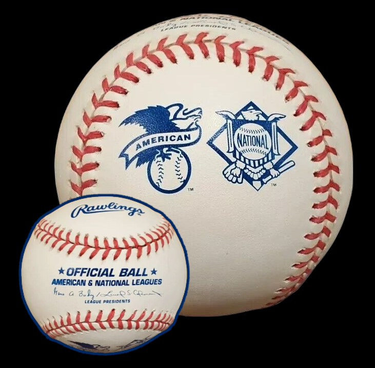 MLB Prototypes 1997 Rawlings Interleague AL-NL American and National Leagues Baseball, with the stamped signatures of both Major League presidents, Budig and Coleman. This image belongs to OfficialGameBalls.com Big League Baseballs and Big League Authentics. MLB ROMLB RO-A RO-N special event commemorative baseballs, logoballs on-field leather game balls. Categorized in prototypes misprints errors miscellaneous.