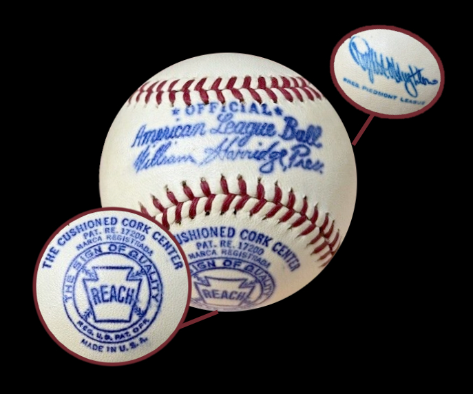 MiLB Defunct Leagues Official Baseballs 1943 Reach Piedmont League Ball Ralph Daughton President. Official American League Baseball Marca Registrada Made in USA Stamping. This image redesign belongs to OfficialGameBalls.com Big League Baseballs and Big League Authentics. MLB ROMLB special event commemorative baseballs, logoballs on-field leather game balls.