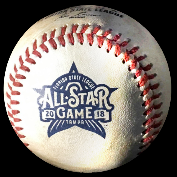 MiLB Official Game Balls 2018 Florida State League All-Star Game Tampa Tarpons Baseball. This image belongs to OfficialGameBalls.com Big League Baseballs and Big League Authentics. MiLB Minor Leagues special event commemorative baseballs, logoballs on-field leather game balls.