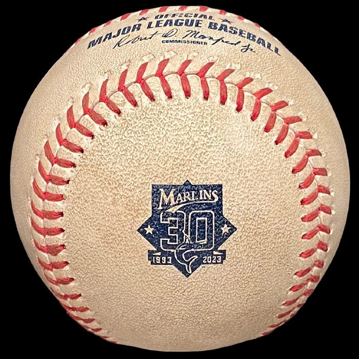 2023 Rawlings Miami Marlins 30th Anniversary Baseball Official Game Ball Florida game-used baseballs photo credit: Zack Hample. Major League ROMLB Official Game Ball commemorative logo ball special event baseballs officialgameballs.com logoballs.