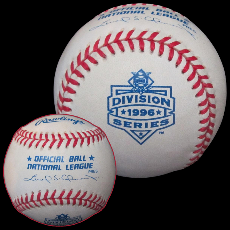 MLB Official Game Ball 1996 Rawlings MLB Baseball NLDS National League Division Series Ball Version 1. Major League Baseball Rawlings ROMLB Official Game Balls OfficialGameBalls.com MLB All-Star Game World Series commemorative logo ball special event baseballs logoballs on-field logo Rawlings Inaugural Final Anniversary Game National American League NL AL RO-N RO-A ONL OAL BigLeagueBaseballs.com Big League Baseballs. NLDS ALDS NLCS ALCS Wildcard Division Championship Series Playoff Games OMLB.