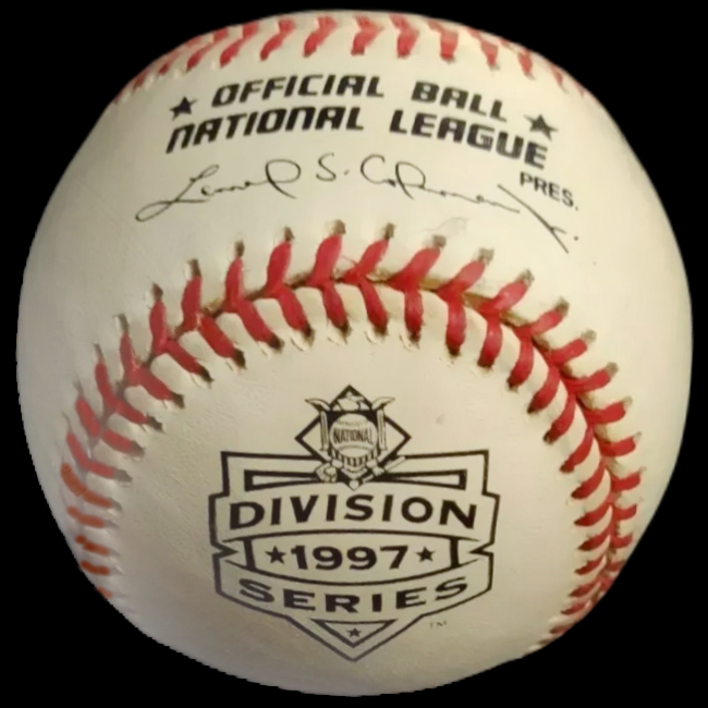 MLB Official Game Ball 1997 Rawlings NLDS National League Division Series Baseball. Official Game Balls OfficialGameBalls.com Major League Baseball ROMLB commemorative special event on-field baseballs logoballs logo ball Rawlings National American League NL AL RO-N RO-A baseball BigLeagueBaseballs.com Big League Baseballs.