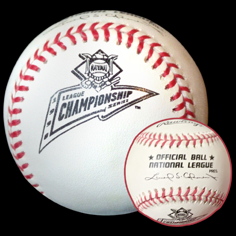 MLB Official Game Ball 1998 Rawlings NLCS National League Championship Series Baseball. Major League Baseball Rawlings ROMLB Official Game Balls OfficialGameBalls.com MLB All-Star Game World Series commemorative logo ball special event baseballs logoballs on-field logo balls Rawlings Inaugural Final Anniversary Game National American League NL AL RO-N RO-A ONL OAL baseball BigLeagueBaseballs.com Big League Baseballs. NLDS ALDS NLCS ALCS Wildcard Division Championship Series Playoff Games OMLB Baseballs.
