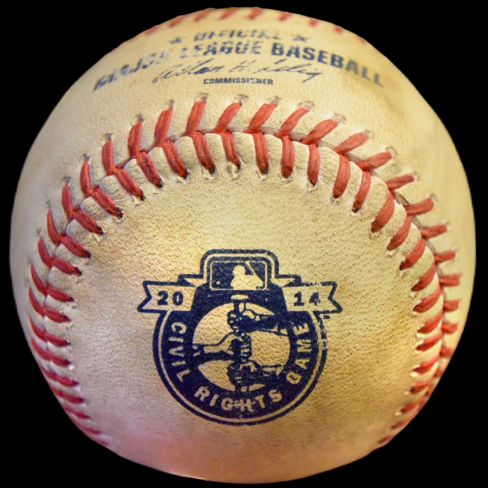 MLB Official Game Ball 2014 Rawlings MLB Civil Rights Game Baseball Baltimore vs. Houston. Official Game Balls OfficialGameBalls.com Major League Baseball ROMLB commemorative special event on-field baseballs logoballs logo ball Rawlings National American League NL AL RO-N RO-A baseball BigLeagueBaseballs.com Big League Baseballs. NLDS ALDS NLCS ALCS Wildcard Division Championship Series Playoff Games OMLB Baseballs. Photo Credit: Brandon Sprung.