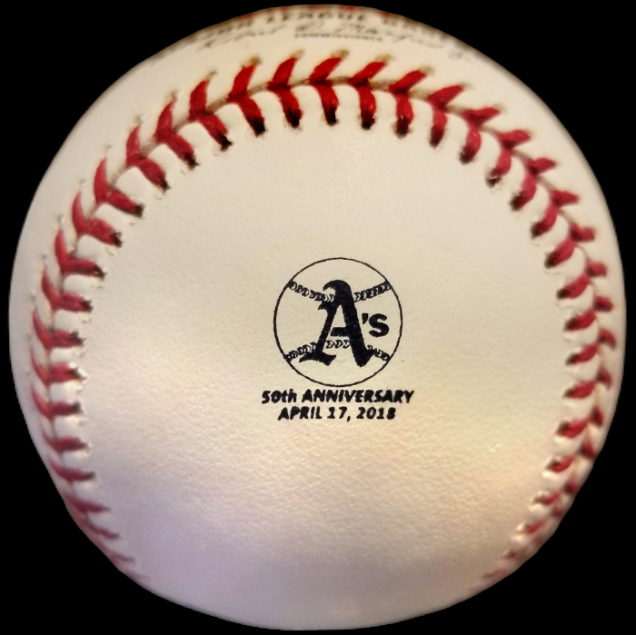 MLB Official Game Ball 2018 Rawlings Baseball Oakland Athletics A’s 50th Anniversary Ball. Major League Baseball Rawlings ROMLB Official Game Balls OfficialGameBalls.com MLB All-Star Game World Series commemorative logo ball special event baseballs logoballs on-field Rawlings Inaugural Final Anniversary Game National American League NL AL RO-N RO-A ONL OAL BigLeagueBaseballs.com Big League Baseballs. NLDS ALDS NLCS ALCS Wildcard Division Championship Series Playoff Games OMLB.