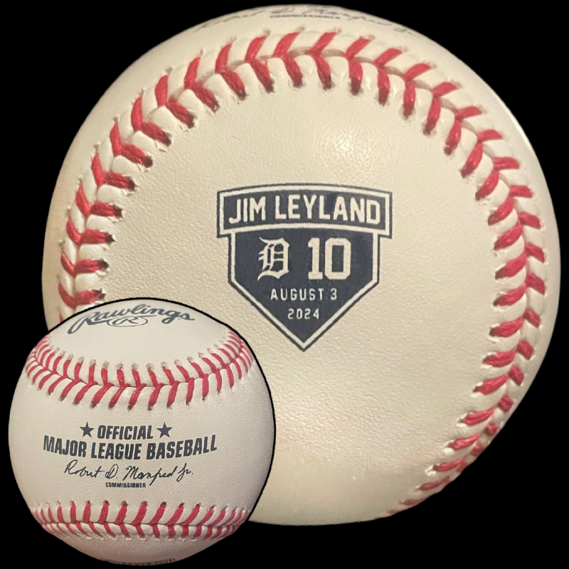 MLB Official Game Ball 2024 Rawlings Detroit Tigers Jim Leyland Number 10 Retirement Game Baseball. Major League Baseball Rawlings ROMLB Official Game Balls OfficialGameBalls.com MLB All-Star Game World Series commemorative logo ball special event baseballs logoballs on-field logo Rawlings Inaugural Final Anniversary Game National American League NL AL RO-N RO-A ONL OAL BigLeagueBaseballs.com Big League Baseballs. NLDS ALDS NLCS ALCS Wildcard Division Championship Series Playoff Games OMLB.