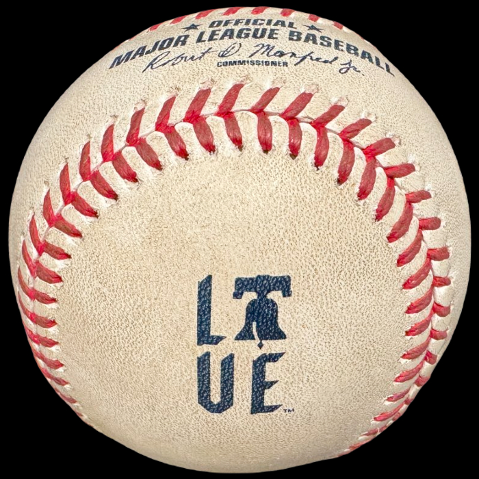 MLB Official Game Ball 2024 Rawlings Philadelphia Phillies City Connect Baseball. Official Game Balls OfficialGameBalls.com Major League Baseball ROMLB commemorative special event on-field baseballs logoballs logo ball Rawlings National American League NL AL RO-N RO-A baseball BigLeagueBaseballs.com Big League Baseballs. NLDS ALDS NLCS ALCS Wildcard Division Championship Series Playoff Games. Photo Credit: Zack Hample.