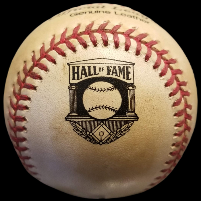 MLB Official Promo Ball 1990s Rawlings National Baseball Hall of Fame and Museum Ball Rumored MLB Hall of Fame Game On-field Game Baseball. Official Game Balls OfficialGameBalls.com Major League Baseball ROMLB commemorative special event on-field baseballs logoballs logo ball Rawlings National American League NL AL RO-N RO-A baseball BigLeagueBaseballs.com Big League Baseballs. NLDS ALDS NLCS ALCS Wildcard Division Championship Series Playoff Games OMLB Baseballs.