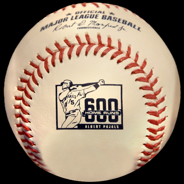 MLB Official Promo Game Ball 2017 Rawlings Anaheim Angles Albert Pujols 600th Home Run Baseball St Louis Cardinals Commemorative. Major League Baseball Rawlings ROMLB Official Game Balls OfficialGameBalls.com MLB All-Star Game World Series commemorative logo ball special event baseballs logoballs on-field Rawlings Inaugural Final Anniversary Game National American League NL AL RO-N RO-A ONL OAL BigLeagueBaseballs.com Big League Baseballs. NLDS ALDS NLCS ALCS Wildcard Division Championship Series Playoff Games OMLB.