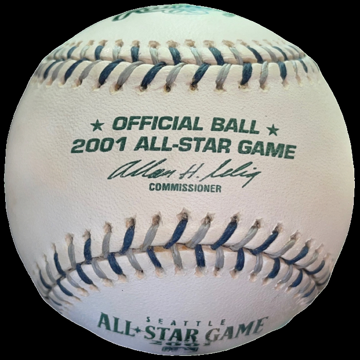 RawlingsMLB Prototype Official Game Ball 2001 MLB All-Star Game Seattle Mariners Navy Blue and Silver Laced Sample. Official Game Balls OfficialGameBalls.com Major League Baseball ROMLB commemorative special event on-field baseballs logoballs logo ball Rawlings National American League NL AL RO-N RO-A baseball BigLeagueBaseballs.com Big League Baseballs.