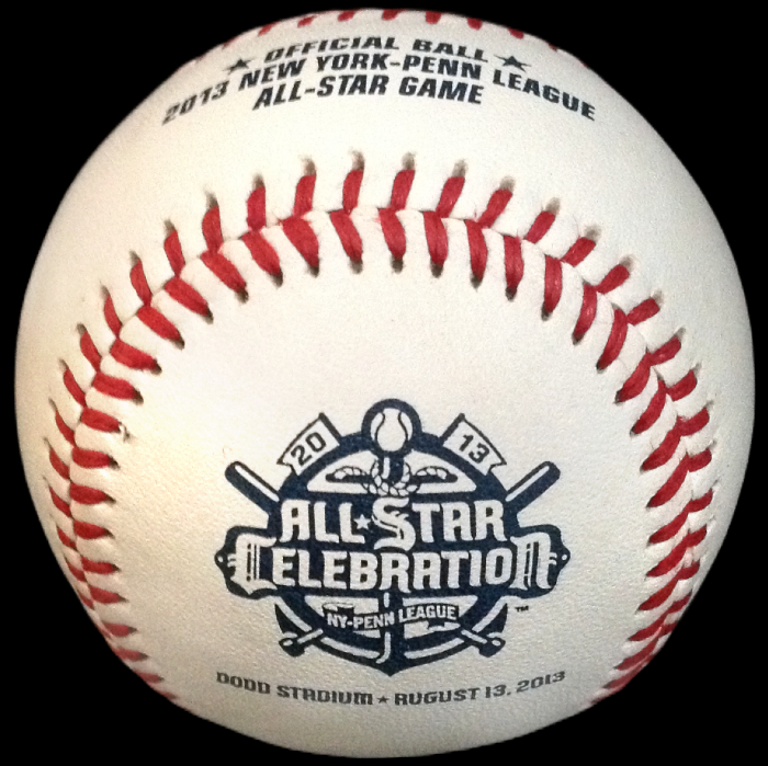 MiLB Defunct Official Game Ball 2013 Rawlings NYPL All-Star Celebration Game Ball New York-Penn League Baseball Dodd Stadium Norwich Connecticut Tigers. Official Game Balls OfficialGameBalls.com ROMiLB Minor League Triple-A Double-A Single-A Rookie commemorative special event on-field baseballs logoballs logo ball baseball. AAA AA A International Pacific Coast League, Eastern Texas Southern South Atlantic Midwest Florida State Carolina California Northwest League Arizona Complex Dominican Summer Fall New York Penn Pioneer League.