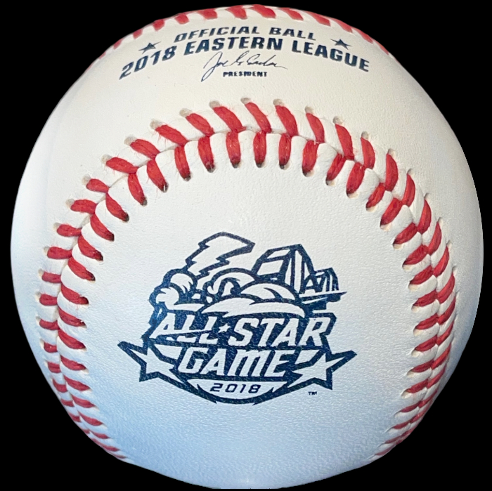MiLB Official Game Ball 2018 Rawlings Eastern League All-Star Game Baseball. Official Game Balls OfficialGameBalls.com ROMiLB Minor League Triple-A Double-A Single-A Rookie commemorative special event on-field baseballs logoballs special event logo ball baseball. AAA AA.