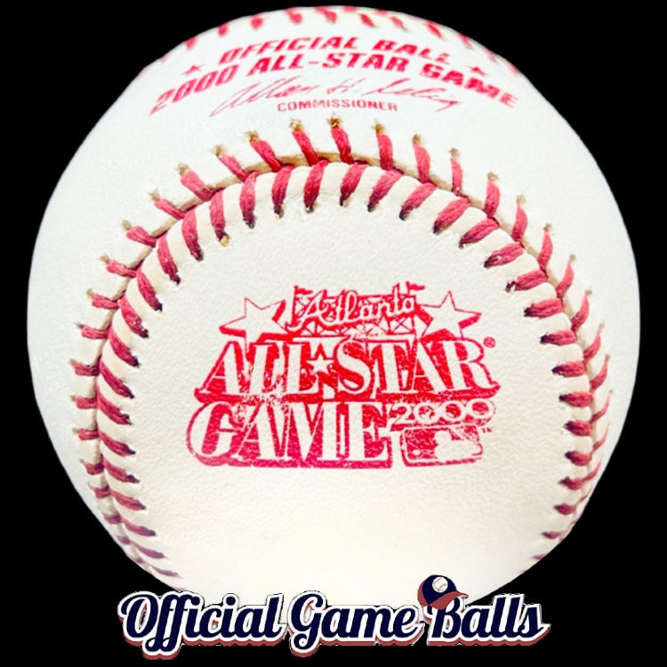 2000 Rawlings MLB All-Star Game Baseball Atlanta Braves Prototype Ball Red-Laced. Fulton County Stadium Atlanta, Georgia. ROMLB-ASG Official Game Ball. Major League Baseball Rawlings ROMLB Official Game Balls OfficialGameBalls.com MLB All-Star Game World Series commemorative logo ball special event baseballs logoballs on-field Rawlings Inaugural Final Anniversary Game National American League NL AL RO-N RO-A ONL OAL BigLeagueBaseballs.com Big League Baseballs. NLDS ALDS NLCS ALCS Wildcard Division Championship Series Playoff Games OMLB.