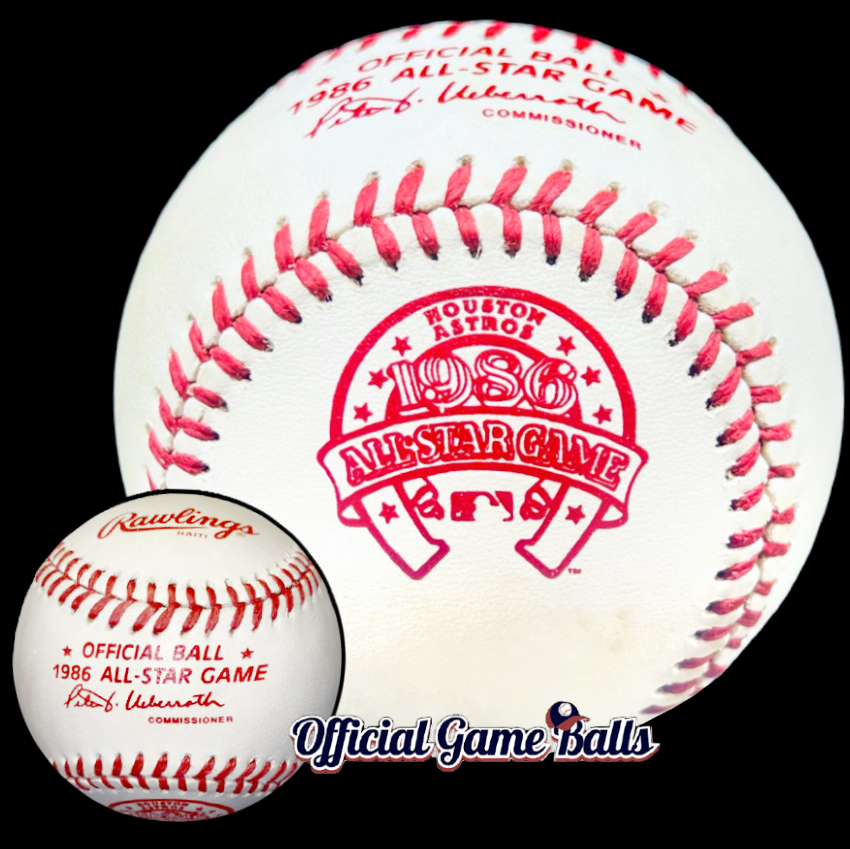 MLB Official Game Ball 1986 Rawlings MLB All-Star Game Baseball Rare Red Ink Version Houston Astros Astrodome Rawlings-Haiti Stamp ROMLB-ASG. Major League Baseball Rawlings ROMLB Official Game Balls OfficialGameBalls.com MLB All-Star Game World Series commemorative logo ball special event baseballs logoballs on-field Rawlings Inaugural Final Anniversary Game National American League NL AL RO-N RO-A ONL OAL BigLeagueBaseballs.com Big League Baseballs. NLDS ALDS NLCS ALCS Wildcard Division Championship Series Playoff Games OMLB.