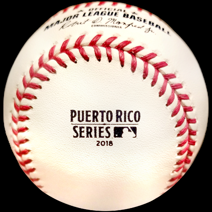 MLB Official Game Ball 2018 Rawlings Baseball MLB Puerto Rico Series San Juan Minnesota Twins Cleveland Indians Hiram Bithorn Stadium. Major League Baseball Rawlings ROMLB Official Game Balls OfficialGameBalls.com MLB All-Star Game World Series commemorative logo ball special event baseballs logoballs on-field Rawlings Inaugural Final Anniversary Game National American League NL AL RO-N RO-A ONL OAL BigLeagueBaseballs.com Big League Baseballs. NLDS ALDS NLCS ALCS Wildcard Division Championship Series Playoff Games OMLB.