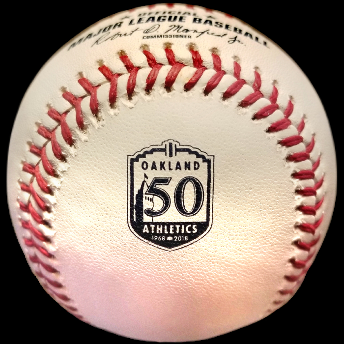 MLB Official Game Ball 2018 Rawlings Oakland Athletics A's Baseball 50th Anniversary. Major League Baseball Rawlings ROMLB Official Game Balls OfficialGameBalls.com MLB All-Star Game World Series commemorative logo ball special event baseballs logoballs on-field Rawlings Inaugural Final Anniversary Game National American League NL AL RO-N RO-A ONL OAL BigLeagueBaseballs.com Big League Baseballs. NLDS ALDS NLCS ALCS Wildcard Division Championship Series Playoff Games OMLB.