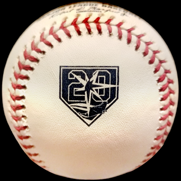 MLB Official Game Ball 2018 Rawlings Tampa Bay Rays Baseball 20th Anniversary. Major League Baseball Rawlings ROMLB Official Game Balls OfficialGameBalls.com MLB All-Star Game World Series commemorative logo ball special event baseballs logoballs on-field Rawlings Inaugural Final Anniversary Game National American League NL AL RO-N RO-A ONL OAL BigLeagueBaseballs.com Big League Baseballs. NLDS ALDS NLCS ALCS Wildcard Division Championship Series Playoff Games OMLB.