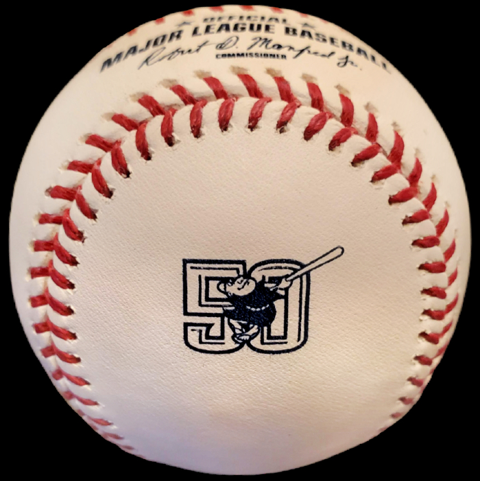 MLB Official Game Ball 2019 Rawlings San Diego Padres Baseball 50th Anniversary. Major League Baseball Rawlings ROMLB Official Game Balls OfficialGameBalls.com MLB All-Star Game World Series commemorative logo ball special event baseballs logoballs on-field Rawlings Inaugural Final Anniversary Game National American League NL AL RO-N RO-A ONL OAL BigLeagueBaseballs.com Big League Baseballs. NLDS ALDS NLCS ALCS Wildcard Division Championship Series Playoff Games OMLB.