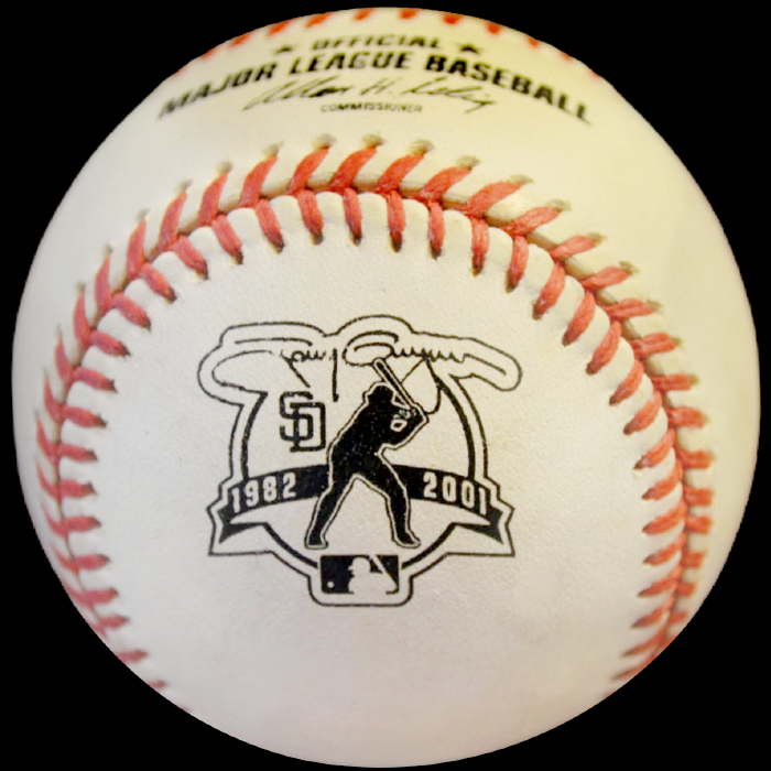 MLB Official Promo Game Ball 2001 Rawlings Baseball San Diego Padres Tony Gwynn Final Game Black Ink Version (Custom Order or Misprint). Major League Baseball Rawlings ROMLB Official Game Balls OfficialGameBalls.com MLB All-Star Game World Series commemorative logo ball special event baseballs logoballs on-field Rawlings Inaugural Final Anniversary Game National American League NL AL RO-N RO-A ONL OAL BigLeagueBaseballs.com Big League Baseballs. NLDS ALDS NLCS ALCS Wildcard Division Championship Series Playoff Games OMLB.