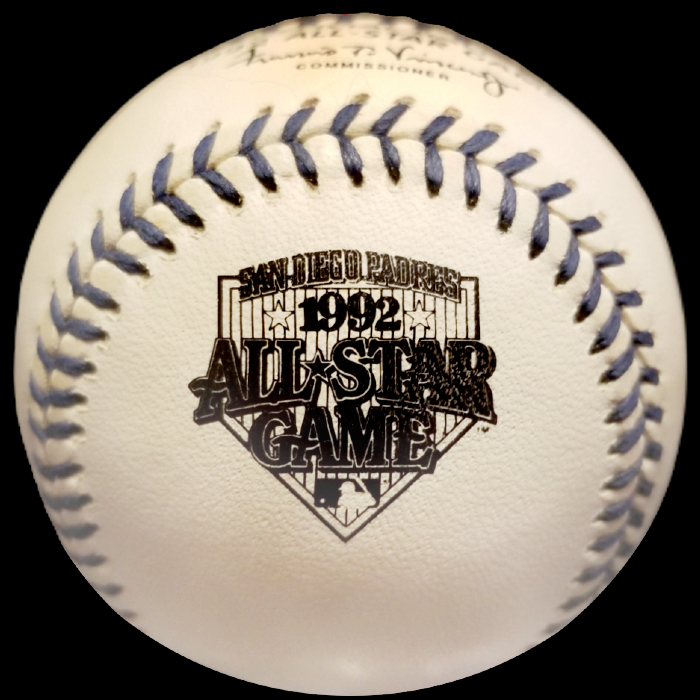 MLB Official Prototype Ball 1992 Rawlings MLB All Star Game Baseball Black Stamp Blue Stitching San Diego Padres Prototype. Major League Baseball Rawlings ROMLB Official Game Balls OfficialGameBalls.com MLB All-Star Game World Series commemorative logo ball special event baseballs logoballs on-field Rawlings Inaugural Final Anniversary Game National American League NL AL RO-N RO-A ONL OAL BigLeagueBaseballs.com Big League Baseballs. NLDS ALDS NLCS ALCS Wildcard Division Championship Series Playoff Games OMLB.