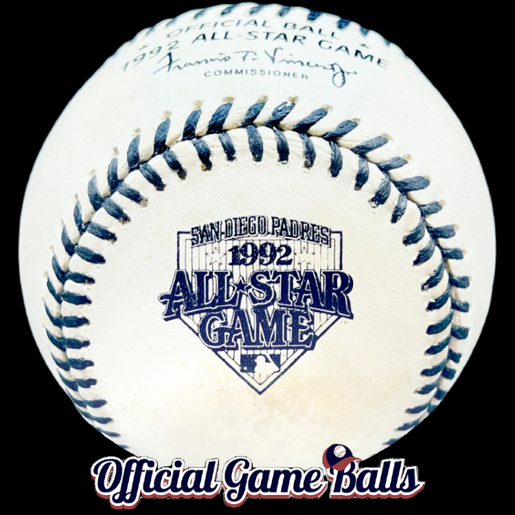 MLB Official Prototype Ball 1992 Rawlings MLB All-Star Game Baseball Prototype Navy Laced Black Stamped San Diego Padres Ball ROMLB-ASG. Major League Baseball Rawlings ROMLB Official Game Balls OfficialGameBalls.com MLB All-Star Game World Series commemorative logo ball special event baseballs logoballs on-field Rawlings Inaugural Final Anniversary Game National American League NL AL RO-N RO-A ONL OAL BigLeagueBaseballs.com Big League Baseballs. NLDS ALDS NLCS ALCS Wildcard Division Championship Series Playoff Games OMLB.