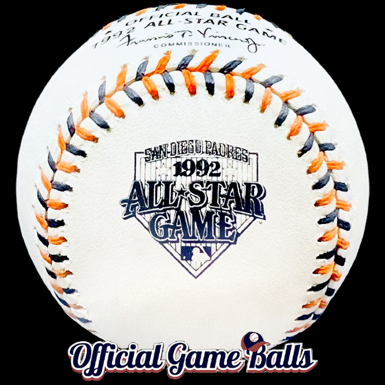 MLB Official Prototype Ball 1992 Rawlings MLB All-Star Game Baseball Prototype Orange-Black Laced Navy Stamped San Diego Padres Ball ROMLB-ASG. Major League Baseball Rawlings ROMLB Official Game Balls OfficialGameBalls.com MLB All-Star Game World Series commemorative logo ball special event baseballs logoballs on-field Rawlings Inaugural Final Anniversary Game National American League NL AL RO-N RO-A ONL OAL BigLeagueBaseballs.com Big League Baseballs. NLDS ALDS NLCS ALCS Wildcard Division Championship Series Playoff Games OMLB.