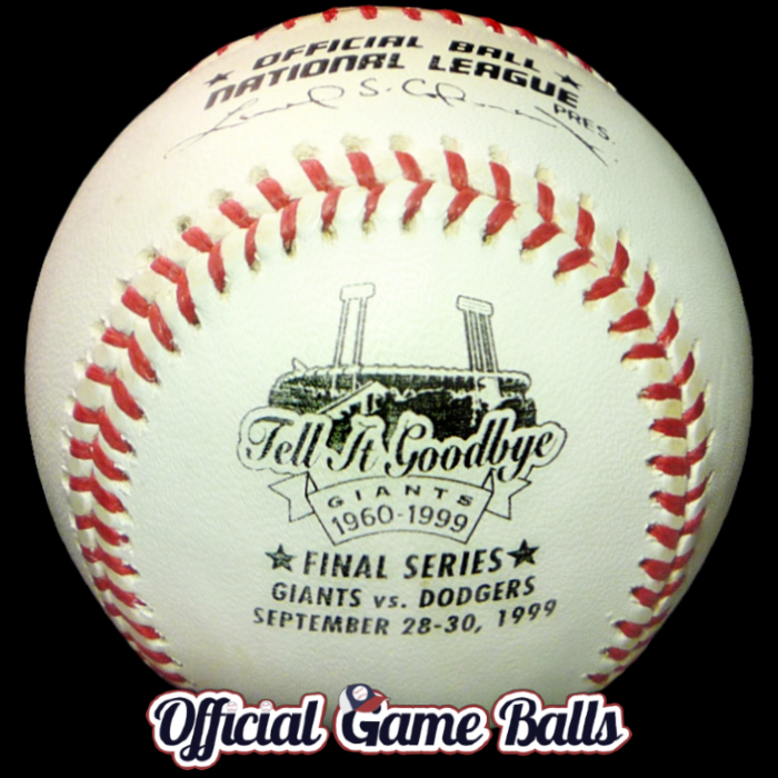 MLB Official Game Balls 1999 Rawlings NL San Francisco Giants Baseball Candlestick Park Final Series Ball. Major League ROMLB Official Game Ball commemorative logo ball special event baseballs officialgameballs.com logoballs.
