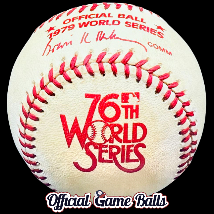 MLB Official Prototype Balls 1979 Rawlings MLB World Series Baseball Prototype Red Ink Stamped Ball. Rawlings Sporting Goods company promotional brand corporate leather baseball Major League ROMLB-grade Official Game Ball commemorative logo ball special event baseballs. Prototypes Misprints Errors Miscellaneous Test Print Balls Color Laces Stitches Ink Stamp Stamping Variation Variant Version