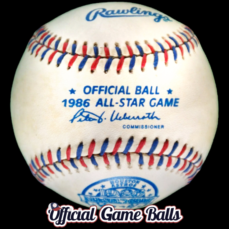 MLB Official Prototype Balls 1986 Rawlings MLB All-Star Game Baseball Red & Blue Laced Ball Test Print Prototype. Major League ROMLB Official Game Ball commemorative logo ball special event baseballs officialgameballs.com logoballs. MLB Rawlings Spalding Reach Prototypes Misprints Errors Miscellaneous Test Print Balls Color Laces Stitches Ink Stamp Variation.