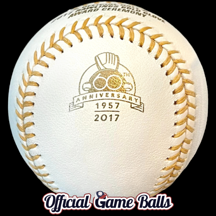 Rawlings Corporate Official Balls 2017 Rawlings Gold Glove Award Ceremony Baseball 60th Anniversary Ball MLB GGA Awards. Rawlings Sporting Goods company promotional brand corporate leather baseball Major League ROMLB-grade Official Game Ball commemorative logo ball special event baseballs.