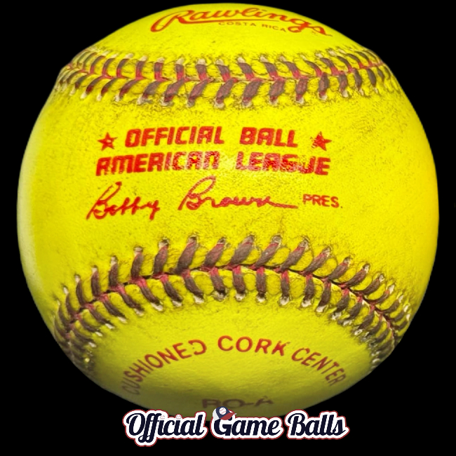 MLB Official Baseballs 1990s Prototype Rawlings AL Baseball American League Neon Yellow Night Game Ball Red Ink. MLB Major League Baseball Baseballs Balls ROMLB Official Game Ball OfficialGameBalls.com commemorative logo balls special event baseballs modern logoballs. Spalding Reach Prototypes Misprints Errors Canceled Miscellaneous Test Print Balls Color Laces Stitches Ink Stamp Variation Logos Variant Version.