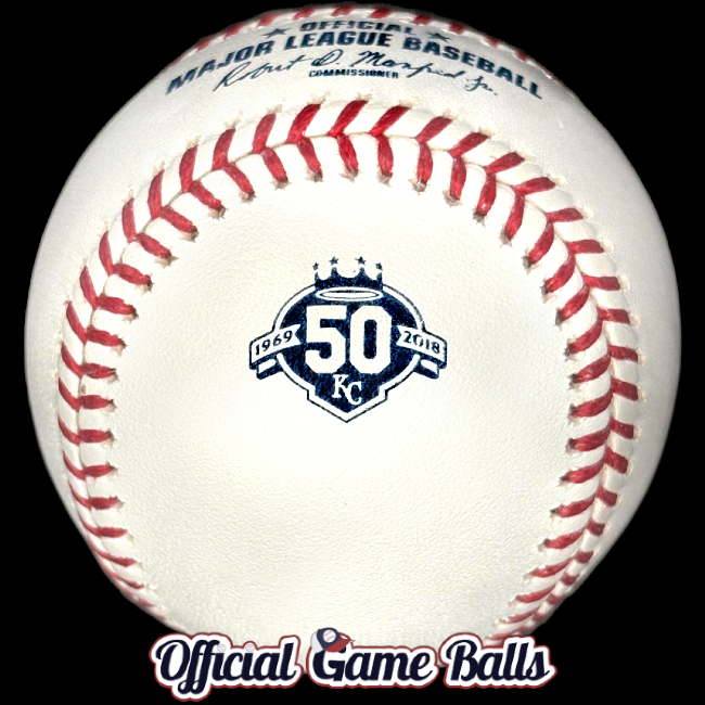 MLB Official Game Balls 2018 Rawlings Kansas City Royals 50th Anniversary Baseball KC Ball. MLB Major League Baseball Baseballs Balls ROMLB Official Game Ball OfficialGameBalls.com commemorative logo balls special event baseballs logoballs.