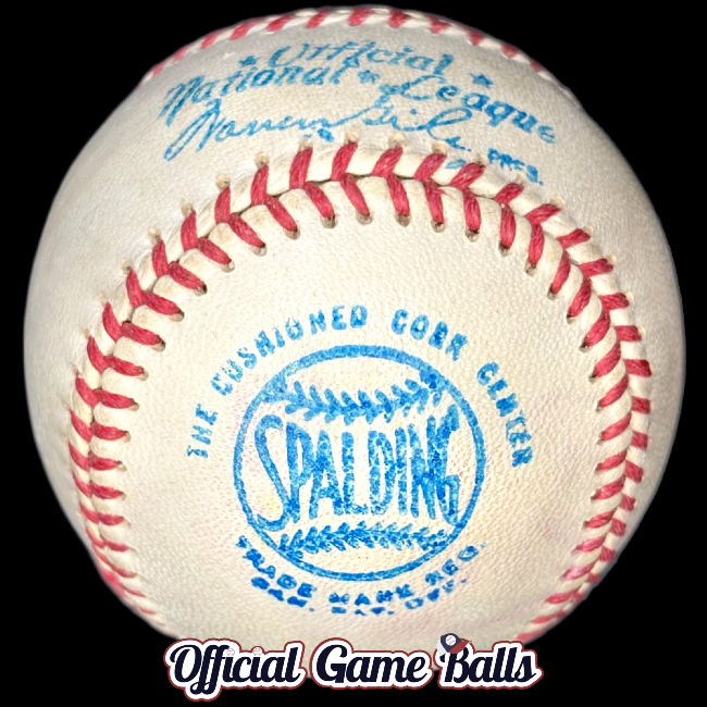 MLB Official Game Balls 1969 Spalding National League Baseball Blue-Stamped Canada NL Giles Ball. MLB Major League Baseball Baseballs Balls ROMLB Official Game Ball OfficialGameBalls.com commemorative logo balls special event baseballs logoballs. Spalding Reach Prototypes Test Print Balls Color Ink Stamp Variation Version.