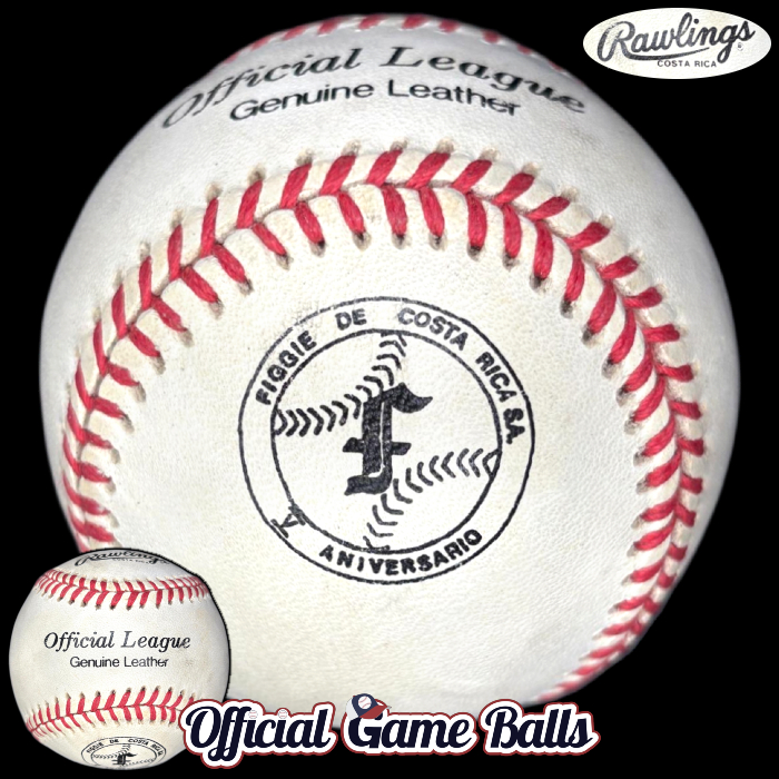 Rawlings Corporate Official Balls 1980s Rawlings Figgie International Costa Rica 5th Aniversario Baseball Fifth Anniversary Ball. Rawlings Sporting Goods company promotional brand corporate leather baseball Major League ROMLB-grade Official Game Ball commemorative logo ball special event baseballs.