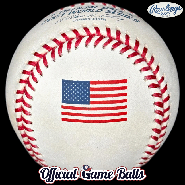 MLB Official Prototype Balls 2001 Rawlings MLB World Series Baseball Ceremonial 1st Pitch Ball American Flag. MLB Major League Baseball Baseballs Balls ROMLB Official Game Ball OfficialGameBalls.com commemorative logo balls special event baseballs logoballs. MLB Rawlings Spalding Reach Prototypes Misprints Errors Canceled Miscellaneous Test Print Balls Color Laces Stitches Ink Stamp Variation Logos Variant Version.