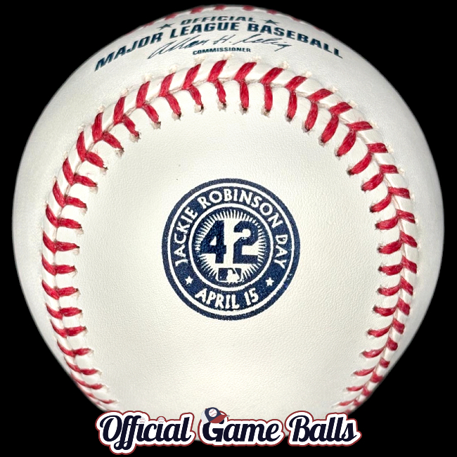 MLB Official Prototype Game Balls 2010s Rawlings MLB Jackie Robinson Day Baseball 42 Logo JRD Ball. MLB Major League Baseball Baseballs Balls ROMLB Official Game Ball OfficialGameBalls.com commemorative logo balls special event baseballs logoballs. MLB Rawlings Spalding Reach Prototypes Samples Sample Spec Ball Misprints Errors Canceled Miscellaneous Test Print Balls Color Laces Stitches Ink Stamp Variation Logos Variant Version.